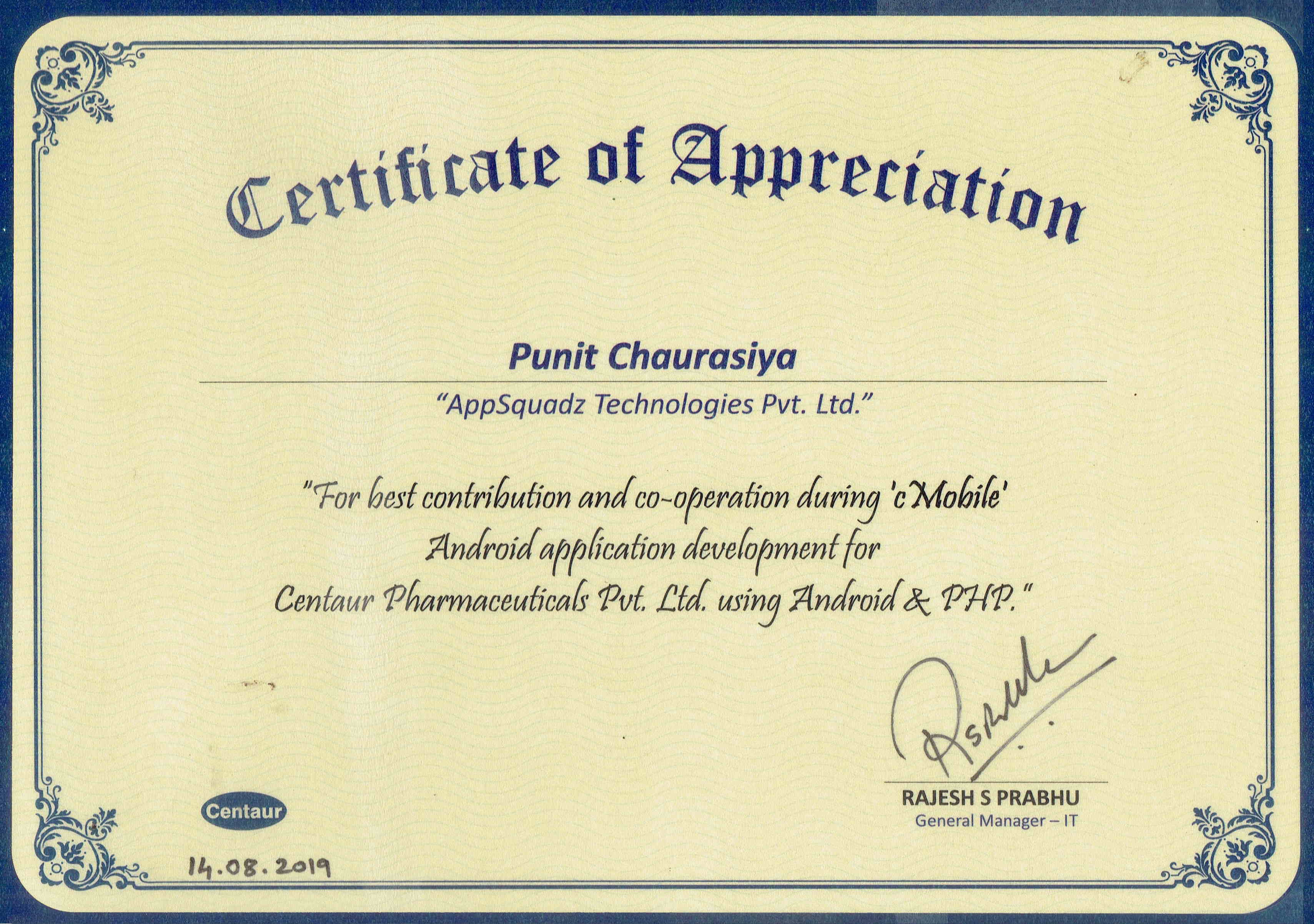 Centaur Certificate of Appreciation for Punit Chaurasiya