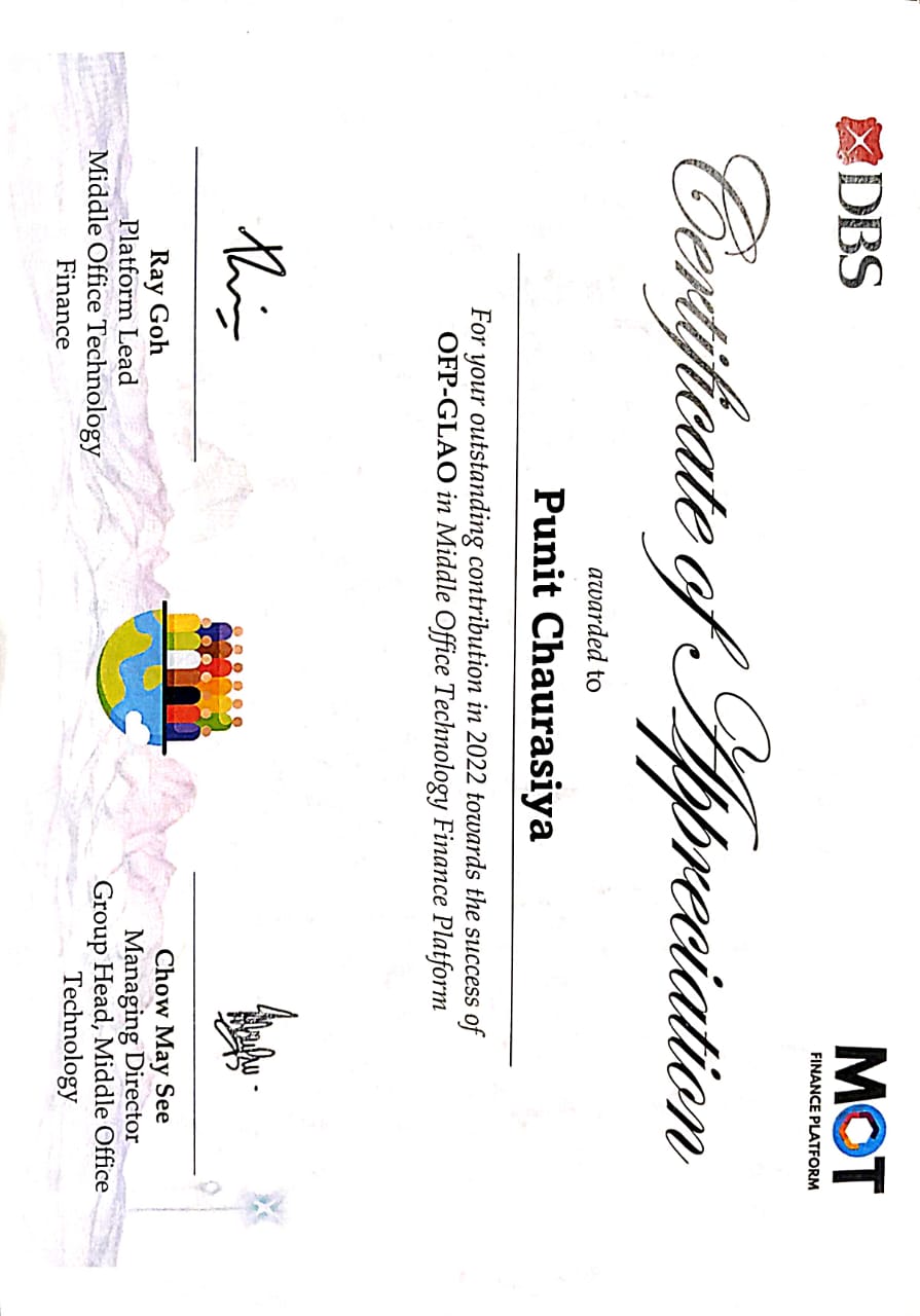 DBS Bank Certificate of Achievement for Punit Chaurasiya